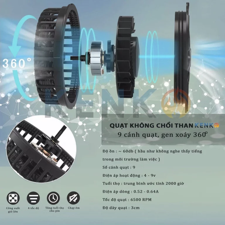 Quạt không chổi than KENKO 12V 9 cánh chống nước, yên tĩnh xoáy 360 độ
