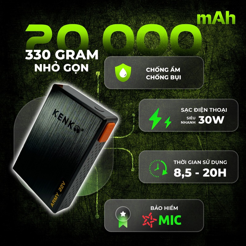 Pin áo điều hoà KENKO ARMY 22V 20.000mAh